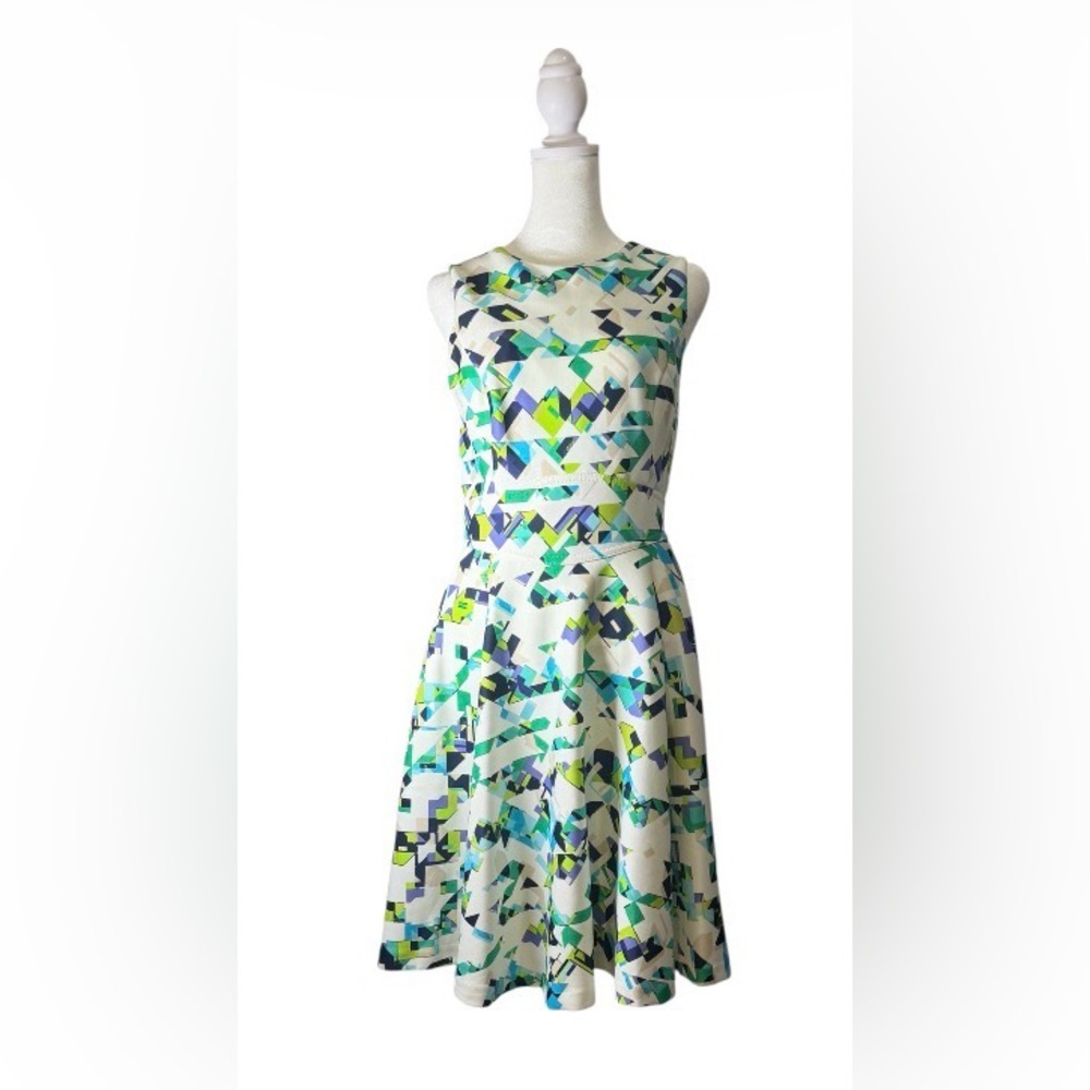 Vince Camuto Sleeveless Fit-and-Flare Geometric Print Dress-White, Teal & Navy.